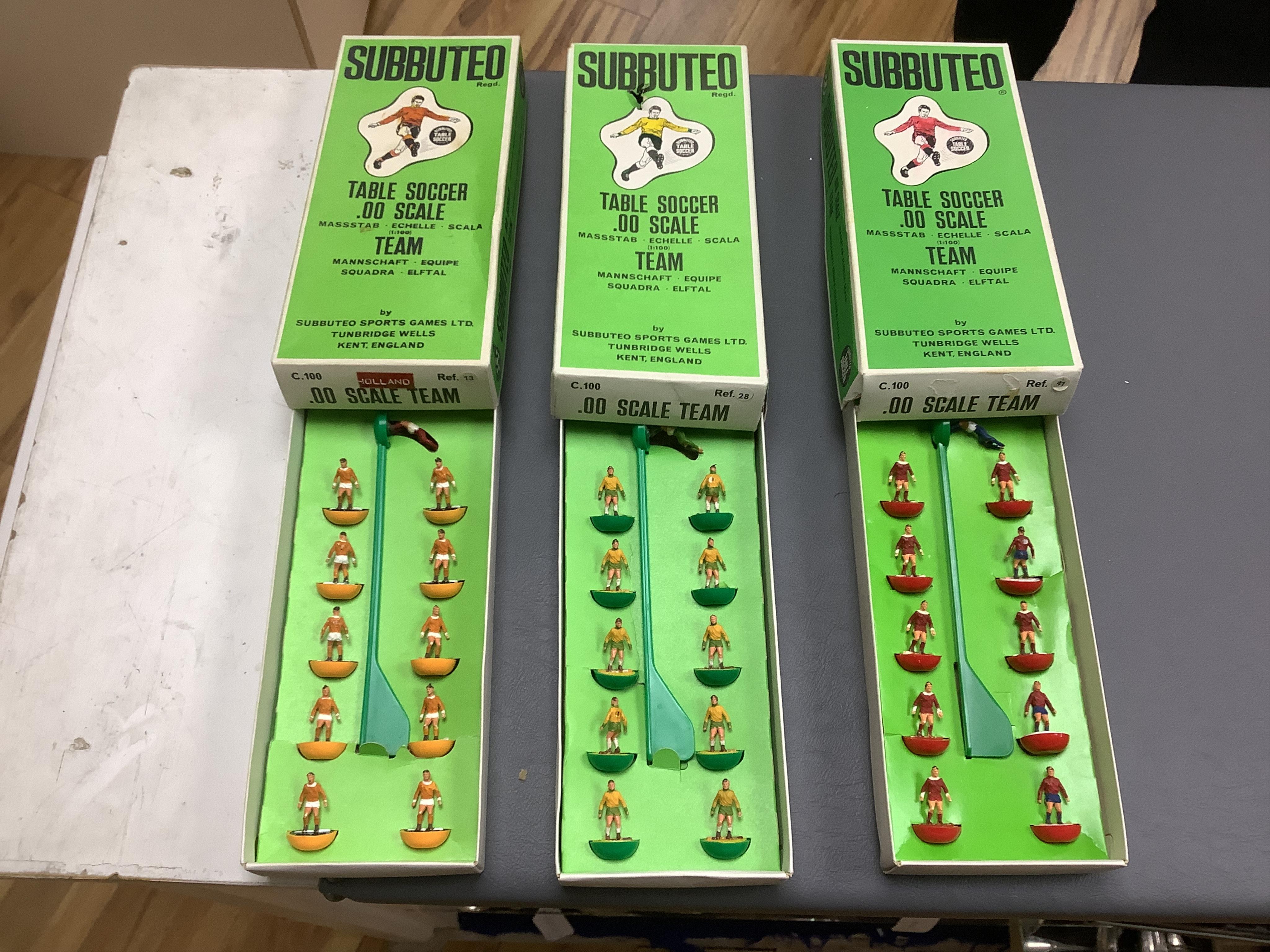 Nine 1970s boxed Subbuteo football teams, including; Germany, Brazil and Holland, reference numbers; 10, 13, 28, 29, 41, 42, 50, etc. Condition - fair to good, all complete, with some wear/damage to boxes.